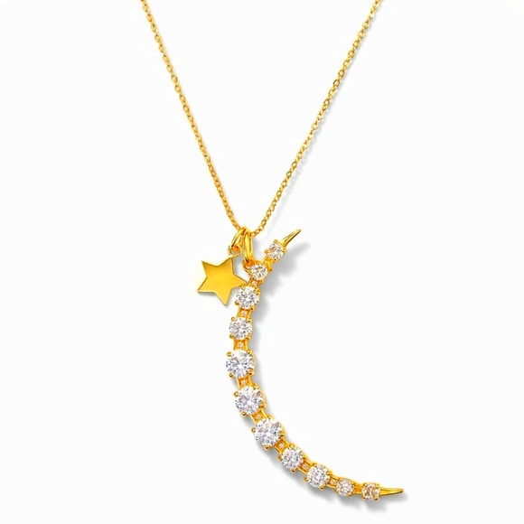 Gold Crescent Moon and Star Necklace Gold Nwt - Picture 1 of 4